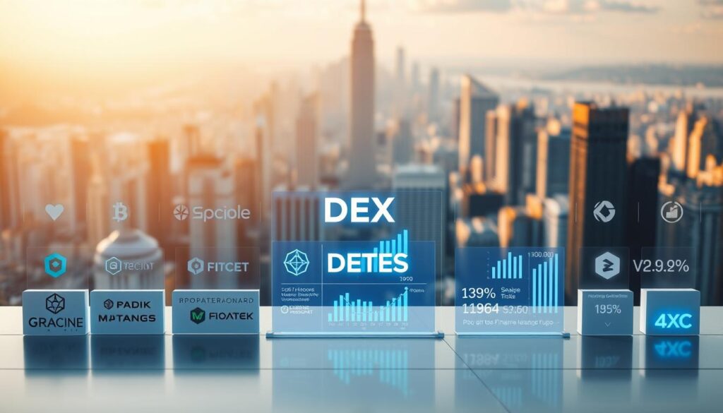 A high-resolution, detailed comparison of the major decentralized exchange platforms, captured under warm, natural lighting. The foreground showcases the distinct logos and branding of leading DEXs, arranged in a sleek, minimalist layout. The middle ground features glowing holographic representations of key platform metrics and trading statistics, conveying the scale and liquidity of each exchange. The background depicts a vibrant, futuristic cityscape, symbolizing the interconnected, global nature of the decentralized finance ecosystem. The overall composition strikes a balance between informative clarity and aesthetic appeal, inviting the viewer to explore the nuances of the DEX landscape. A high-resolution, detailed comparison of the major decentralized exchange platforms, captured under warm, natural lighting. The foreground showcases the distinct logos and branding of leading DEXs, arranged in a sleek, minimalist layout. The middle ground features glowing holographic representations of key platform metrics and trading statistics, conveying the scale and liquidity of each exchange. The background depicts a vibrant, futuristic cityscape, symbolizing the interconnected, global nature of the decentralized finance ecosystem. The overall composition strikes a balance between informative clarity and aesthetic appeal, inviting the viewer to explore the nuances of the DEX landscape.