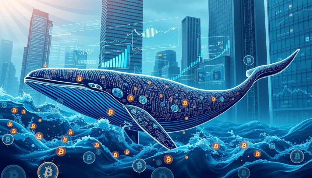 A high-resolution, detailed digital illustration showcasing the analysis of cryptocurrency whale transfers and market data. The foreground depicts a large whale swimming amidst waves of digital currency symbols, its massive body glistening with data visualizations. In the middle ground, a series of holographic charts, graphs, and analytics dashboards float in the air, displaying real-time insights into whale trading activity. The background features a sleek, futuristic cityscape with towering skyscrapers, their windows reflecting the dynamic data flows. The scene is bathed in a cool, neon-tinted lighting, creating an atmosphere of technological sophistication and financial prowess. The overall composition conveys a sense of depth, movement, and the power of data-driven decision making in the cryptocurrency market. A high-resolution, detailed digital illustration showcasing the analysis of cryptocurrency whale transfers and market data. The foreground depicts a large whale swimming amidst waves of digital currency symbols, its massive body glistening with data visualizations. In the middle ground, a series of holographic charts, graphs, and analytics dashboards float in the air, displaying real-time insights into whale trading activity. The background features a sleek, futuristic cityscape with towering skyscrapers, their windows reflecting the dynamic data flows. The scene is bathed in a cool, neon-tinted lighting, creating an atmosphere of technological sophistication and financial prowess. The overall composition conveys a sense of depth, movement, and the power of data-driven decision making in the cryptocurrency market.