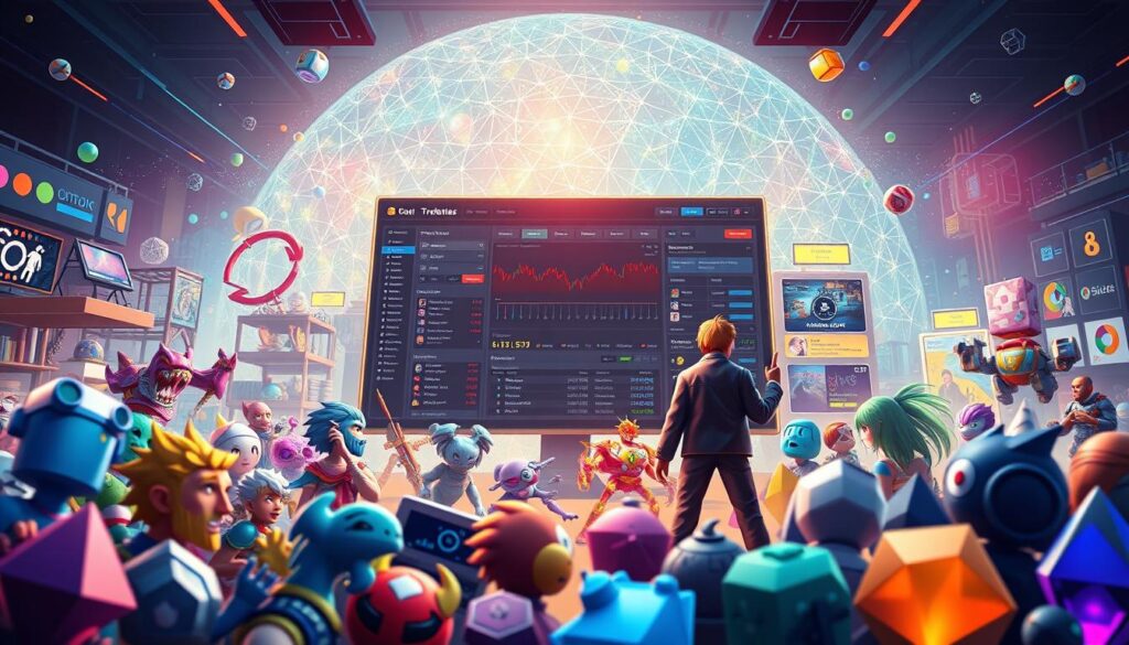 A high-resolution, detailed illustration depicting the core elements of a digital collectibles marketplace. In the foreground, showcase a variety of digital art pieces, including 3D models, pixel art, and generative art. In the middle ground, depict the user interface of a trading platform, featuring bid/ask order books, transaction history, and user profiles. In the background, include abstract representations of blockchain technology, smart contracts, and decentralized infrastructure supporting the marketplace. Utilize a vibrant, futuristic color palette with dynamic lighting and depth of field to convey a sense of energy and innovation. Capture the essence of a thriving, technologically-advanced digital collectibles ecosystem.