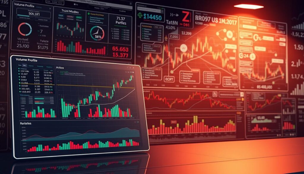 A high-resolution, detailed illustration of an advanced volume profile analysis dashboard, displaying various technical indicators and data visualizations. The foreground features a clean, modern user interface with customizable charts, volume bars, and price action. The middle ground showcases sophisticated algorithms and models processing real-time market data, with a focus on trend analysis and volume patterns. The background depicts a dynamic, data-driven environment, with information flows, complex mathematical equations, and a sense of depth and complexity. Warm lighting, a muted color palette, and a sleek, minimalist aesthetic convey a professional, analytical tone suitable for a financial publication. A high-resolution, detailed illustration of an advanced volume profile analysis dashboard, displaying various technical indicators and data visualizations. The foreground features a clean, modern user interface with customizable charts, volume bars, and price action. The middle ground showcases sophisticated algorithms and models processing real-time market data, with a focus on trend analysis and volume patterns. The background depicts a dynamic, data-driven environment, with information flows, complex mathematical equations, and a sense of depth and complexity. Warm lighting, a muted color palette, and a sleek, minimalist aesthetic convey a professional, analytical tone suitable for a financial publication.