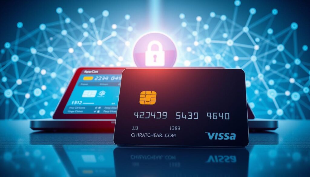 A high-resolution, detailed illustration of the cryptocurrency transaction process. In the foreground, a credit card is prominently displayed, representing the method of payment. The middle ground depicts a secure online transaction interface, with dynamic data visualizations and sleek UI elements. In the background, a blockchain network is visualized, with nodes and distributed ledgers illustrating the decentralized nature of cryptocurrency. The overall scene is rendered with a clean, modern aesthetic, using a cool color palette and dramatic lighting to convey a sense of technological sophistication and trust.