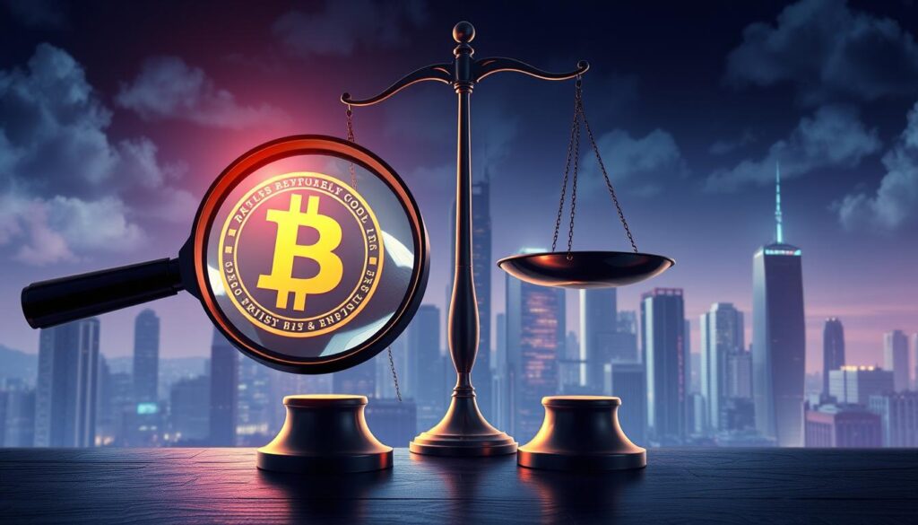 A high-resolution, detailed illustration showcasing the potential benefits and risks of crypto investments. In the foreground, depict a magnifying glass hovering over a cryptocurrency symbol, highlighting the need for thorough research and analysis. In the middle ground, construct a balanced scale, with one side representing the rewards of early crypto adoption, and the other the hazards of volatility and uncertainty. In the background, include a cityscape with skyscrapers, conveying the scale and impact of the crypto market. Use dramatic lighting and a cinematic color palette to evoke a sense of both opportunity and caution. Render the scene with a photorealistic style, emphasizing the gravity of the financial decisions involved.