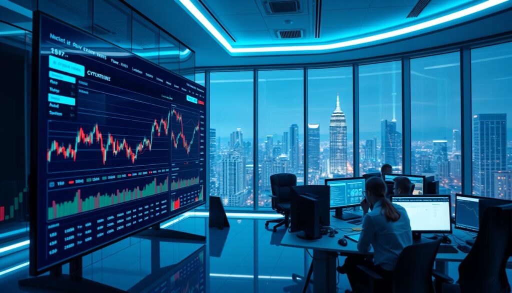 A high-resolution, detailed image of a cryptocurrency trading dashboard with real-time news analysis using natural language processing. The foreground features a large screen displaying a live cryptocurrency ticker, charts, and news headlines. The middle ground shows a team of data analysts and AI engineers collaborating at their workstations, studying the NLP insights. The background depicts a futuristic, neon-lit office setting with floor-to-ceiling windows overlooking a cityscape. The scene is illuminated by cool, directional lighting, creating a sleek, high-tech atmosphere. The overall mood is one of innovation, data-driven decision making, and the convergence of finance and cutting-edge technology. A high-resolution, detailed image of a cryptocurrency trading dashboard with real-time news analysis using natural language processing. The foreground features a large screen displaying a live cryptocurrency ticker, charts, and news headlines. The middle ground shows a team of data analysts and AI engineers collaborating at their workstations, studying the NLP insights. The background depicts a futuristic, neon-lit office setting with floor-to-ceiling windows overlooking a cityscape. The scene is illuminated by cool, directional lighting, creating a sleek, high-tech atmosphere. The overall mood is one of innovation, data-driven decision making, and the convergence of finance and cutting-edge technology.