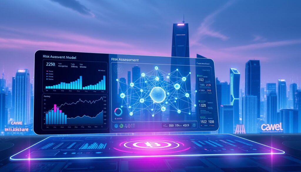 A high-resolution digital illustration depicting a futuristic risk assessment dashboard for cryptocurrency investments. The dashboard is displayed on a sleek, holographic interface, with various data visualizations, graphs, and indicators floating in the foreground. In the middle ground, a complex neural network model is represented by a dynamic, interconnected web of nodes and data streams. The background features a cityscape of towering, ultramodern skyscrapers, conveying a sense of technological progress and innovation. The overall scene is bathed in a cool, neon-tinged lighting that emphasizes the futuristic and data-driven nature of the cryptocurrency risk assessment process.