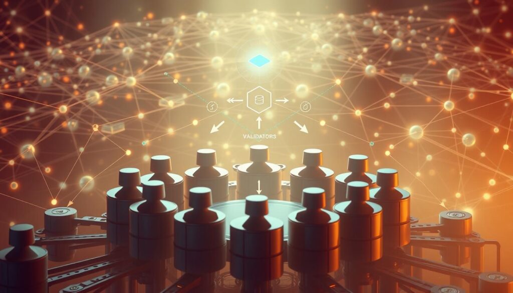 A high-resolution, digital illustration of the validator selection process in a proof-of-stake blockchain network. In the foreground, several validators are presented in a circular formation, each represented by a unique icon or symbol. The middle ground showcases the staking and delegation mechanics, with arrows and lines indicating the flow of tokens and the selection criteria. In the background, a complex network of nodes and distributed ledgers creates a sense of scale and interconnectivity. The scene is illuminated by a warm, diffused light, creating a sense of depth and atmosphere. The overall composition conveys the technical and systematic nature of the validator selection process, while also highlighting the collaborative and decentralized aspects of proof-of-stake blockchain networks.