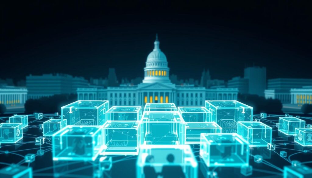 A high-resolution digital illustration showcasing blockchain transparency and trust. In the foreground, a detailed 3D model of a blockchain network with interconnected blocks, rendered in cool tones of blue and gray. The blocks are semi-transparent, allowing a glimpse into their inner workings. In the middle ground, a group of people interacting with the blockchain, their faces expressing a sense of confidence and security. The background features a cityscape with government buildings, symbolizing the integration of blockchain technology into public record management. The scene is illuminated by a soft, diffused light source, creating a sense of clarity and openness. The overall composition conveys the idea of a secure, transparent, and trustworthy blockchain-powered public record system. A high-resolution digital illustration showcasing blockchain transparency and trust. In the foreground, a detailed 3D model of a blockchain network with interconnected blocks, rendered in cool tones of blue and gray. The blocks are semi-transparent, allowing a glimpse into their inner workings. In the middle ground, a group of people interacting with the blockchain, their faces expressing a sense of confidence and security. The background features a cityscape with government buildings, symbolizing the integration of blockchain technology into public record management. The scene is illuminated by a soft, diffused light source, creating a sense of clarity and openness. The overall composition conveys the idea of a secure, transparent, and trustworthy blockchain-powered public record system.