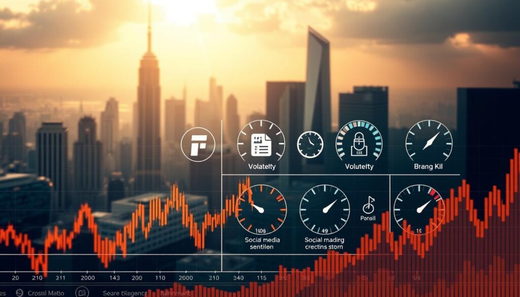 A high-resolution illustration of the Crypto Fear and Greed Index calculation process. In the foreground, a financial chart with volatility curves and price movements. In the middle ground, a set of icons and gauges visualizing the key factors used to determine the index, such as market momentum, social media sentiment, and trading volume. In the background, a cityscape with skyscrapers, symbolizing the global crypto market. The lighting is warm and cinematic, creating a sense of depth and complexity. The overall atmosphere conveys the analytical and data-driven nature of the index calculation, with a touch of futuristic technology.