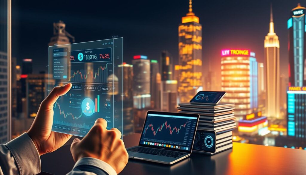 A high-resolution, photorealistic illustration of the benefits of free cryptocurrency market analysis tools. In the foreground, a trader's hands interacting with a sleek, holographic interface displaying real-time market data, charts, and trading signals. In the middle ground, a stack of laptops and mobile devices showcasing various crypto analysis apps. The background features a cityscape with skyscrapers, financial tickers, and a vibrant, neon-lit cryptocurrency exchange. The scene is bathed in a warm, golden light, conveying a sense of empowerment, efficiency, and profitability associated with leveraging these powerful tools.