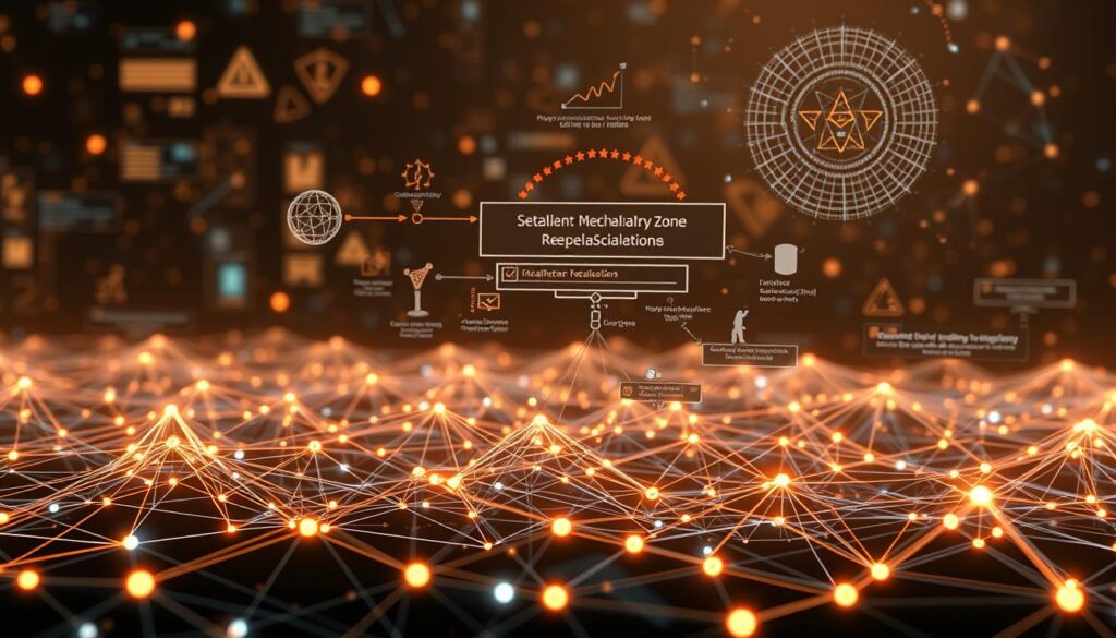 A high-resolution, photorealistic image of a blockchain network architecture showcasing layer 1 scalability solutions. In the foreground, various interconnected nodes represent the core blockchain infrastructure, with intricate lines and geometric shapes conveying the complexities of decentralized data processing. The middle ground features dynamic visualizations of transaction flows, consensus mechanisms, and parallel processing capabilities, all rendered in a sleek, futuristic style. In the background, a seamless blend of digital landscapes and abstract patterns symbolizes the scalable nature of the layer 1 solutions, suggesting limitless potential for growth and innovation. The scene is illuminated by a warm, diffused lighting, creating a sense of depth and emphasizing the technological elegance of the design.