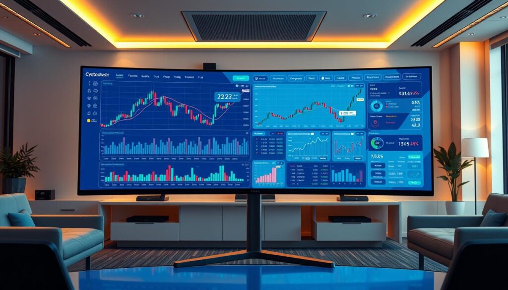 A high-resolution, photorealistic image of a modern financial analytics dashboard, showcasing technical indicators and market analytics for crypto trading. The dashboard is displayed on a large, curved ultrawide monitor, set against a sleek, minimalist office environment with warm, indirect lighting. The dashboard features candlestick charts, oscillators, trend lines, and other data visualizations, providing a comprehensive overview of market trends and insights. The color scheme is a harmonious blend of cool blues, grays, and blacks, creating a professional, technology-driven atmosphere. The entire scene is captured at a slightly elevated angle, conveying a sense of authority and expertise.