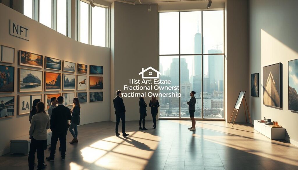 A high-resolution, photorealistic image of a modern, minimalist art gallery showcasing a collection of digital art NFTs on the walls, with a real estate fractional ownership platform displayed prominently in the middle ground. The gallery is bathed in warm, natural lighting from large windows, creating a cozy and inviting atmosphere. In the foreground, a group of investors and art enthusiasts are engaged in discussion, conveying the concept of shared ownership and collaboration. The background features a cityscape with skyscrapers, hinting at the connection between art, technology, and the real estate industry.