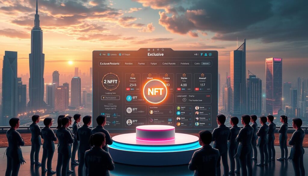 A high-resolution, photorealistic image of an exclusive NFT loyalty program. The foreground features a group of digital avatars, each with a unique NFT-style appearance, gathered around a central podium displaying a glowing, holographic NFT icon. The middle ground shows a sleek, modern interface with various customization options, leaderboards, and exclusive rewards. The background depicts a futuristic cityscape with towering skyscrapers, a vibrant skyline, and a sense of technological advancement. Lighting is dramatic, with a mix of neon accents and warm, diffused illumination creating an immersive, high-tech atmosphere. The overall composition conveys the exclusivity and prestige of an advanced NFT-based loyalty program. A high-resolution, photorealistic image of an exclusive NFT loyalty program. The foreground features a group of digital avatars, each with a unique NFT-style appearance, gathered around a central podium displaying a glowing, holographic NFT icon. The middle ground shows a sleek, modern interface with various customization options, leaderboards, and exclusive rewards. The background depicts a futuristic cityscape with towering skyscrapers, a vibrant skyline, and a sense of technological advancement. Lighting is dramatic, with a mix of neon accents and warm, diffused illumination creating an immersive, high-tech atmosphere. The overall composition conveys the exclusivity and prestige of an advanced NFT-based loyalty program.