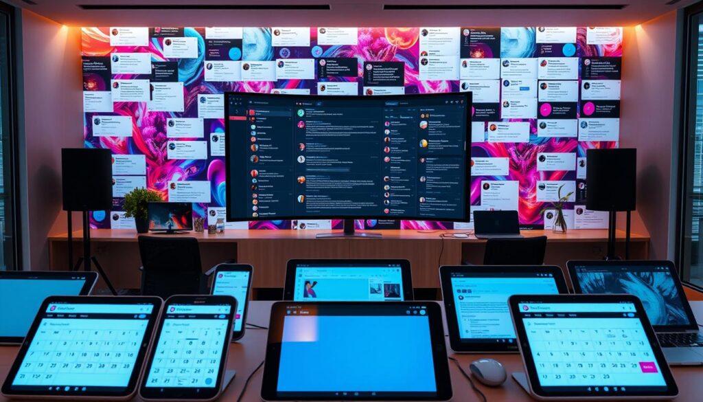 A high-resolution, wide-angle view of a sleek, modern office setting. In the foreground, an array of digital devices - smartphones, tablets, and laptops - are arranged in a grid, each displaying a calendar of upcoming NFT drop events. In the middle ground, a large, curved monitor showcases a comprehensive Discord server interface, with various channels and discussion threads related to the NFT community. The background features a collage of vibrant, abstract Twitter feeds, highlighting the latest news, announcements, and trends in the NFT space. The lighting is soft and warm, creating a welcoming and productive atmosphere. The overall composition emphasizes the seamless integration of these digital platforms, providing a comprehensive overview of the free NFT drops ecosystem. A high-resolution, wide-angle view of a sleek, modern office setting. In the foreground, an array of digital devices - smartphones, tablets, and laptops - are arranged in a grid, each displaying a calendar of upcoming NFT drop events. In the middle ground, a large, curved monitor showcases a comprehensive Discord server interface, with various channels and discussion threads related to the NFT community. The background features a collage of vibrant, abstract Twitter feeds, highlighting the latest news, announcements, and trends in the NFT space. The lighting is soft and warm, creating a welcoming and productive atmosphere. The overall composition emphasizes the seamless integration of these digital platforms, providing a comprehensive overview of the free NFT drops ecosystem.