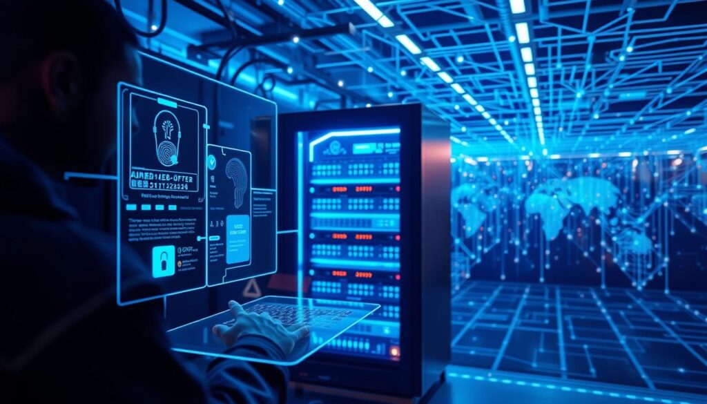 A high-security digital authentication system with a multi-layered interface. In the foreground, a futuristic user interacts with a sleek, holographic display, inputting biometric data and complex passwords. The middle ground features a server rack, housing cutting-edge encryption hardware, bathed in a cool, blue-tinted light. In the background, a vast, interconnected network of digital nodes and pathways, representing the secure infrastructure that underpins the authentication process. The overall atmosphere conveys a sense of technological sophistication, robust security, and the importance of layered protection for sensitive cryptocurrency accounts. A high-security digital authentication system with a multi-layered interface. In the foreground, a futuristic user interacts with a sleek, holographic display, inputting biometric data and complex passwords. The middle ground features a server rack, housing cutting-edge encryption hardware, bathed in a cool, blue-tinted light. In the background, a vast, interconnected network of digital nodes and pathways, representing the secure infrastructure that underpins the authentication process. The overall atmosphere conveys a sense of technological sophistication, robust security, and the importance of layered protection for sensitive cryptocurrency accounts.