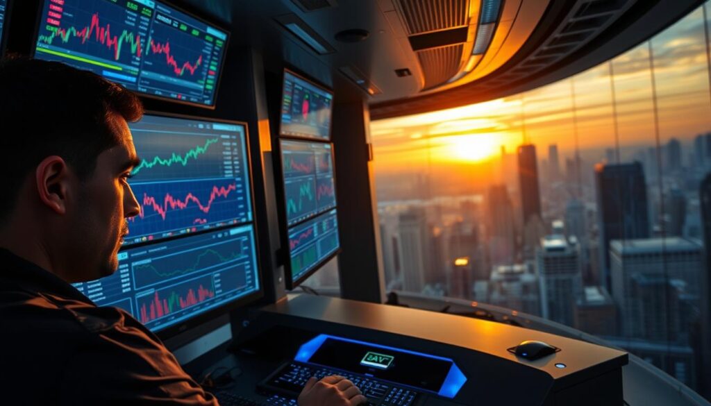 A high-stakes trading floor, bustling with activity. In the foreground, a trader intently monitors multiple charts and indicators, their face etched with concentration. The middle ground features a sleek, futuristic trading terminal, its dashboard displaying real-time data and risk management tools. In the background, a panoramic view of the city skyline, bathed in the warm glow of sunset, symbolizing the ever-changing nature of the financial markets. The scene conveys a sense of urgency, precision, and the importance of carefully managing risk in the dynamic world of day trading. A high-stakes trading floor, bustling with activity. In the foreground, a trader intently monitors multiple charts and indicators, their face etched with concentration. The middle ground features a sleek, futuristic trading terminal, its dashboard displaying real-time data and risk management tools. In the background, a panoramic view of the city skyline, bathed in the warm glow of sunset, symbolizing the ever-changing nature of the financial markets. The scene conveys a sense of urgency, precision, and the importance of carefully managing risk in the dynamic world of day trading.