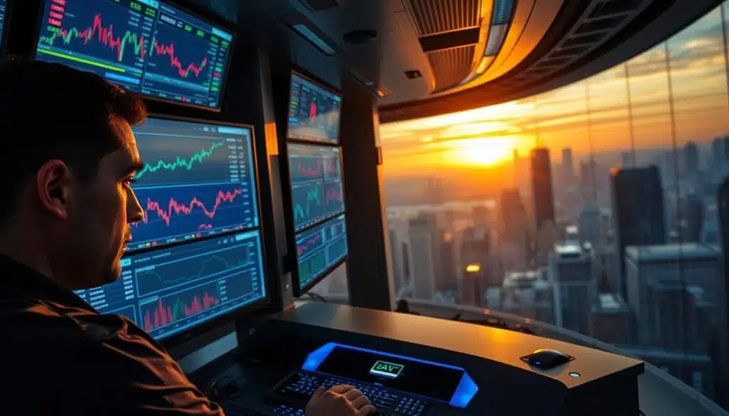 A high-stakes trading floor, bustling with activity. In the foreground, a trader intently monitors multiple charts and indicators, their face etched with concentration. The middle ground features a sleek, futuristic trading terminal, its dashboard displaying real-time data and risk management tools. In the background, a panoramic view of the city skyline, bathed in the warm glow of sunset, symbolizing the ever-changing nature of the financial markets. The scene conveys a sense of urgency, precision, and the importance of carefully managing risk in the dynamic world of day trading.