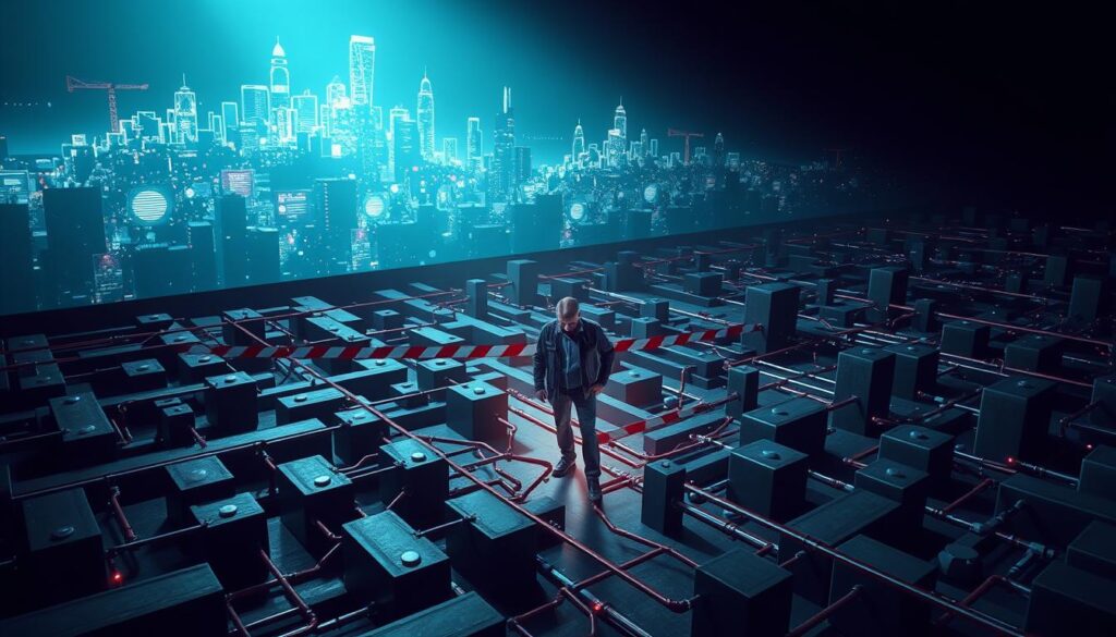 A high-tech and futuristic scene depicting the challenges faced in an NFT affiliate program. In the foreground, a maze-like network of interconnected nodes and pathways represents the complex web of affiliate relationships. In the middle ground, a frustrated affiliate marketer navigates this maze, with roadblocks and obstacles impeding their progress. In the background, a glowing, abstract cityscape hints at the digital landscape of the NFT ecosystem. Dramatic lighting casts long shadows, conveying a sense of uncertainty and difficulty. The scene is rendered in a sleek, minimalist style with a cool color palette, emphasizing the technical and technological aspects of the challenge. A high-tech and futuristic scene depicting the challenges faced in an NFT affiliate program. In the foreground, a maze-like network of interconnected nodes and pathways represents the complex web of affiliate relationships. In the middle ground, a frustrated affiliate marketer navigates this maze, with roadblocks and obstacles impeding their progress. In the background, a glowing, abstract cityscape hints at the digital landscape of the NFT ecosystem. Dramatic lighting casts long shadows, conveying a sense of uncertainty and difficulty. The scene is rendered in a sleek, minimalist style with a cool color palette, emphasizing the technical and technological aspects of the challenge.