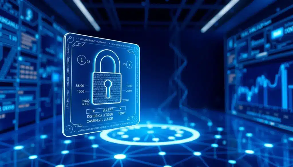 A high-tech and secure blockchain platform, with a sleek and modern interface. In the foreground, a holographic security license hovers, displaying intricate encryption patterns and authentication protocols. The middle ground features a network of interconnected nodes, representing the distributed ledger. Soft blue lighting casts a serene glow, while dynamic data visualizations in the background convey the platform's advanced analytics and compliance features. The overall atmosphere exudes a sense of trust, reliability, and cutting-edge innovation in the world of decentralized finance.