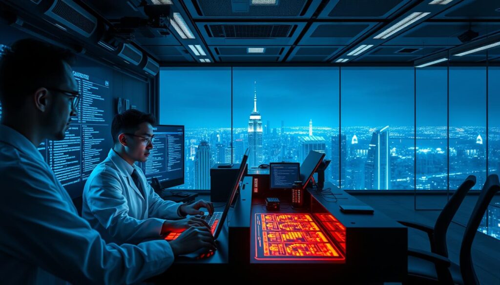 A high-tech auditing laboratory with cutting-edge software and screens displaying complex blockchain transactions. In the foreground, a team of cybersecurity experts in lab coats and goggles closely examining lines of code. The middle ground features an array of futuristic devices and holographic displays, casting a cool, blue-tinted glow. The background showcases a panoramic view of a bustling city skyline, hinting at the global impact of secure smart contract implementation. Dramatic lighting creates a sense of intensity and importance, underscoring the critical role of thorough audits in the cryptocurrency ecosystem. A high-tech auditing laboratory with cutting-edge software and screens displaying complex blockchain transactions. In the foreground, a team of cybersecurity experts in lab coats and goggles closely examining lines of code. The middle ground features an array of futuristic devices and holographic displays, casting a cool, blue-tinted glow. The background showcases a panoramic view of a bustling city skyline, hinting at the global impact of secure smart contract implementation. Dramatic lighting creates a sense of intensity and importance, underscoring the critical role of thorough audits in the cryptocurrency ecosystem.