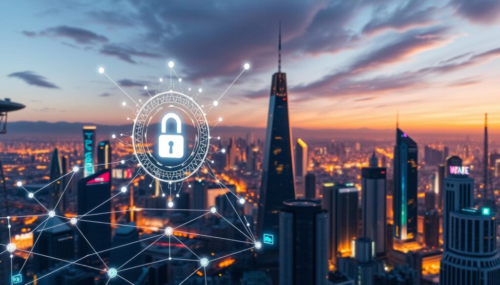 A high-tech cityscape with towering skyscrapers and a futuristic skyline. In the foreground, a complex network of blockchain nodes and data flows, visualized through a sleek, minimalist holographic interface. The middle ground features blockchain-powered identity verification systems, with individuals securely accessing digital credentials on their mobile devices. The background showcases emerging blockchain applications, such as smart city infrastructure and decentralized finance. Warm, vibrant lighting illuminates the scene, creating a sense of innovation and progress. The overall mood is one of technological advancement, security, and seamless integration of blockchain technology into everyday life. A high-tech cityscape with towering skyscrapers and a futuristic skyline. In the foreground, a complex network of blockchain nodes and data flows, visualized through a sleek, minimalist holographic interface. The middle ground features blockchain-powered identity verification systems, with individuals securely accessing digital credentials on their mobile devices. The background showcases emerging blockchain applications, such as smart city infrastructure and decentralized finance. Warm, vibrant lighting illuminates the scene, creating a sense of innovation and progress. The overall mood is one of technological advancement, security, and seamless integration of blockchain technology into everyday life.