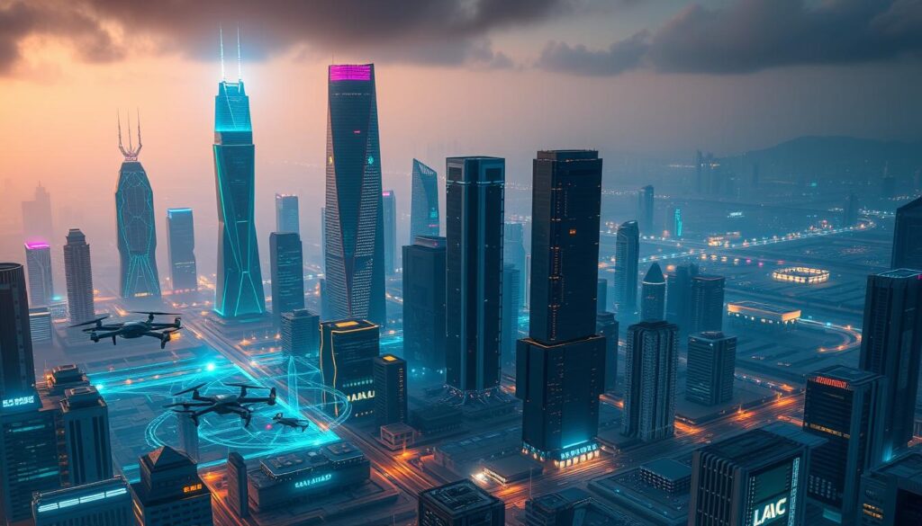 A high-tech cityscape with towering skyscrapers, pulsing with a vibrant, neon-infused energy. In the foreground, holographic displays showcase a diverse array of blockchain applications, from secure financial transactions to decentralized record-keeping. In the middle ground, robotic drones and autonomous vehicles illustrate the integration of blockchain technology into everyday infrastructure. The background is a hazy, futuristic landscape, with vast server farms and data centers powering the decentralized networks that underpin this digital ecosystem. The lighting is a moody blend of cool blues and warm golds, creating a sense of technological sophistication and innovation.