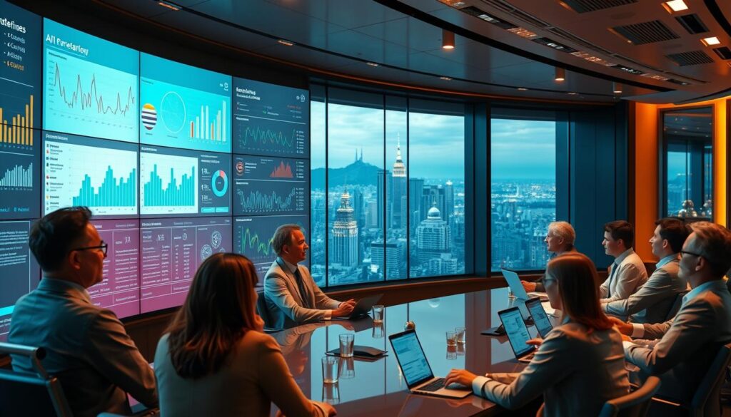 A high-tech conference room with a large curved display panel dominating the foreground, showcasing real-time data visualizations and interactive AI-powered governance dashboards. In the middle ground, a diverse group of decision-makers are engaged in discussion, their faces illuminated by the soft glow of the screens. The background features a panoramic view of a futuristic cityscape, hinting at the integration of this advanced governance system within a broader smart city infrastructure. Warm lighting and a sense of collaborative dynamism permeate the scene, conveying the seamless integration of machine learning into effective, forward-thinking governance processes.
