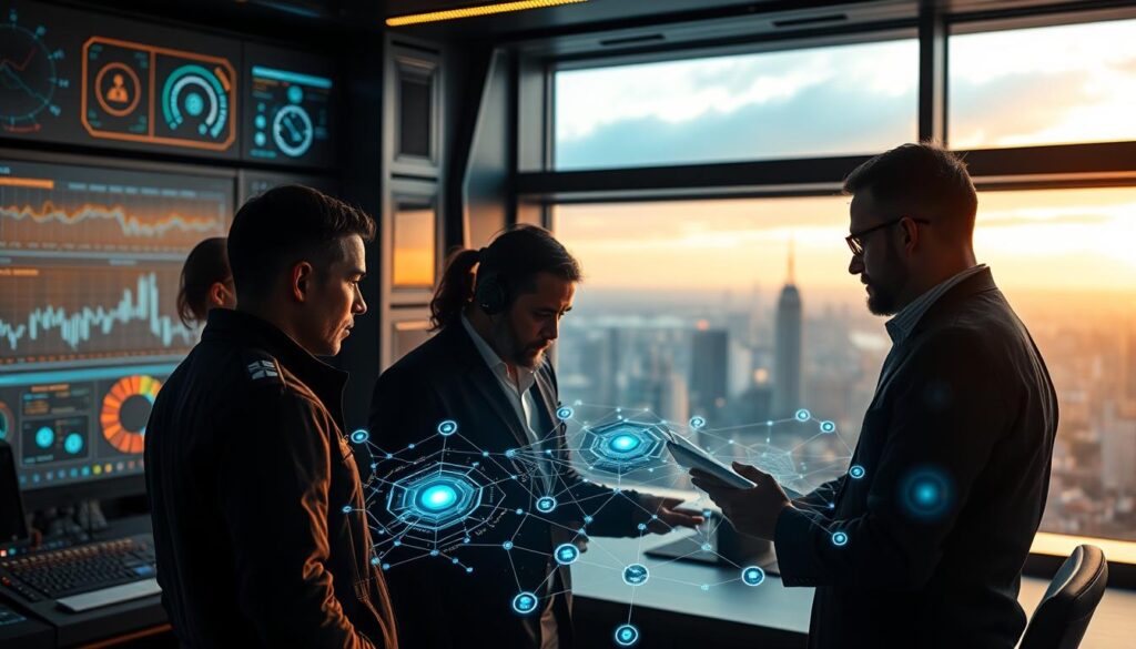 A high-tech control center, illuminated by the soft glow of holographic displays and projected graphs. In the foreground, a trio of security experts examine a complex blockchain visualization, immersed in the intricacies of compliance protocols. The middle ground features an intricate network of interconnected nodes, representing the interoperability between various blockchain platforms. In the background, a large window offers a panoramic view of a futuristic cityscape, symbolizing the global reach and integration of these systems. The mood is one of focused intensity, with subtle hints of innovation and technological advancement. A high-tech control center, illuminated by the soft glow of holographic displays and projected graphs. In the foreground, a trio of security experts examine a complex blockchain visualization, immersed in the intricacies of compliance protocols. The middle ground features an intricate network of interconnected nodes, representing the interoperability between various blockchain platforms. In the background, a large window offers a panoramic view of a futuristic cityscape, symbolizing the global reach and integration of these systems. The mood is one of focused intensity, with subtle hints of innovation and technological advancement.