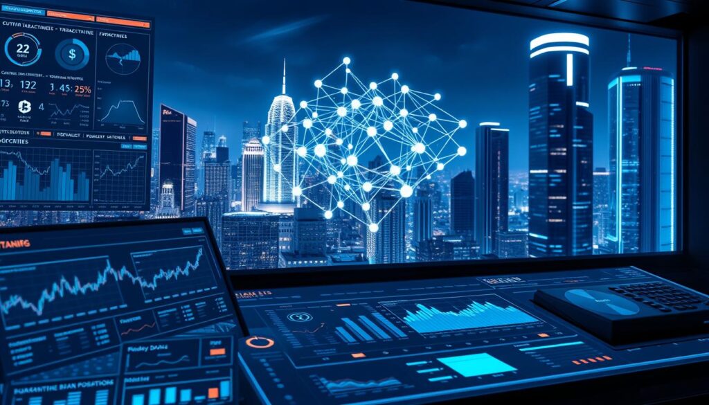 A high-tech control panel displaying an array of real-time blockchain data visualizations. In the foreground, a sleek dashboard with interactive charts, graphs, and analytical tools. In the middle ground, a 3D holographic projection of a cryptocurrency transaction network, nodes pulsing with activity. The background features a futuristic cityscape with skyscrapers and glowing neon accents, bathed in a cool, blue-hued lighting. The overall atmosphere is one of advanced data analysis and blockchain-powered insights, conveying the power of on-chain data to uncover market trends and patterns.