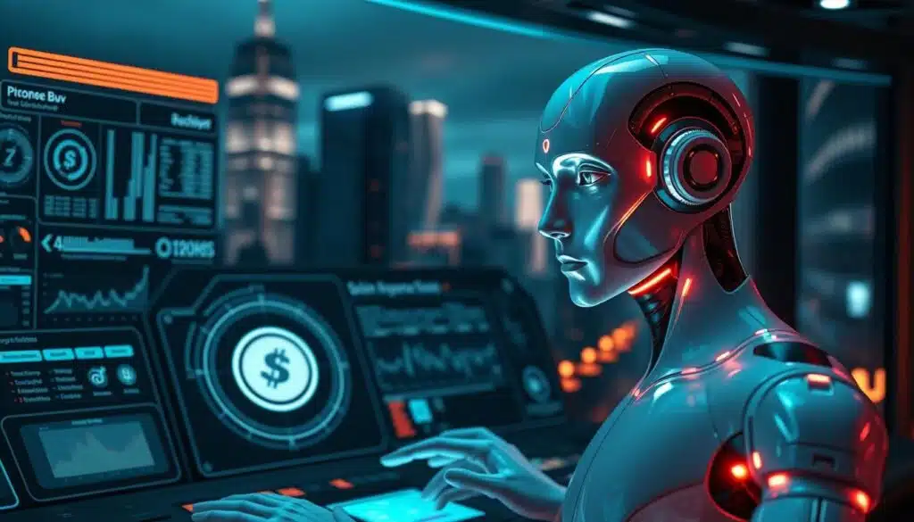 A high-tech control panel with holographic displays and intuitive interfaces, illuminated by a soft, futuristic glow. In the foreground, a sleek, minimalist AI agent analyzes a stream of data, its expression one of focused concentration. Behind it, a 3D model of a cryptocurrency token rotates, surrounded by detailed analytics and charts. The background is a moody, atmospheric cityscape, with towering skyscrapers and neon-lit streets, hinting at the fast-paced, cutting-edge world of crypto airdrops and AI-driven investments.