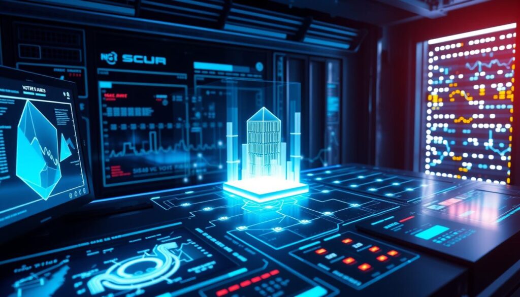 A high-tech control panel with holographic displays showcasing cryptographic protocols and data visualization techniques. In the foreground, a futuristic user interface with glowing polygons and dynamic graphs illustrates secure voting mechanisms. The middle ground features a stylized 3D model of a blockchain network, its nodes connected by pulsing data streams. In the background, a sleek server rack, its lights dimly flickering, signifies the robust computational backbone powering the privacy-preserving voting system. The scene is illuminated by cool, bluish tones, creating an atmosphere of sophisticated digital security.