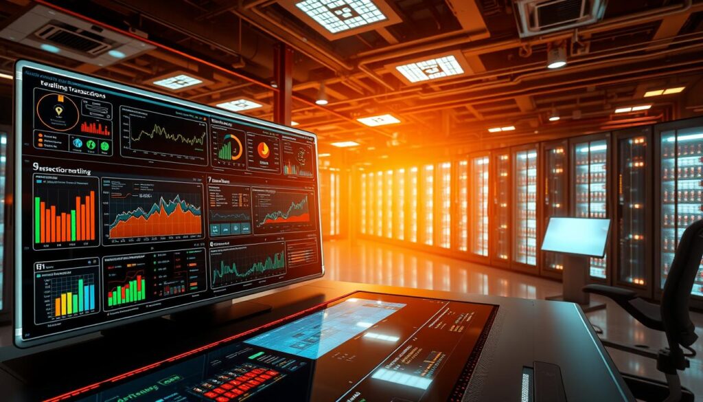 A high-tech control panel with sleek, holographic displays and intuitive touch interfaces. The foreground features a central dashboard monitoring real-time transaction data, with colorful graphs, charts, and alerts providing insights into suspicious activity. The middle ground showcases advanced analytics tools, AI-powered anomaly detection, and automated reporting modules. In the background, a vast network of interconnected servers and data centers, their blinking lights and cooling fans creating an atmosphere of sophisticated cybersecurity. Warm lighting and a minimalist, futuristic aesthetic convey a sense of cutting-edge technology and comprehensive transaction monitoring capabilities. A high-tech control panel with sleek, holographic displays and intuitive touch interfaces. The foreground features a central dashboard monitoring real-time transaction data, with colorful graphs, charts, and alerts providing insights into suspicious activity. The middle ground showcases advanced analytics tools, AI-powered anomaly detection, and automated reporting modules. In the background, a vast network of interconnected servers and data centers, their blinking lights and cooling fans creating an atmosphere of sophisticated cybersecurity. Warm lighting and a minimalist, futuristic aesthetic convey a sense of cutting-edge technology and comprehensive transaction monitoring capabilities.