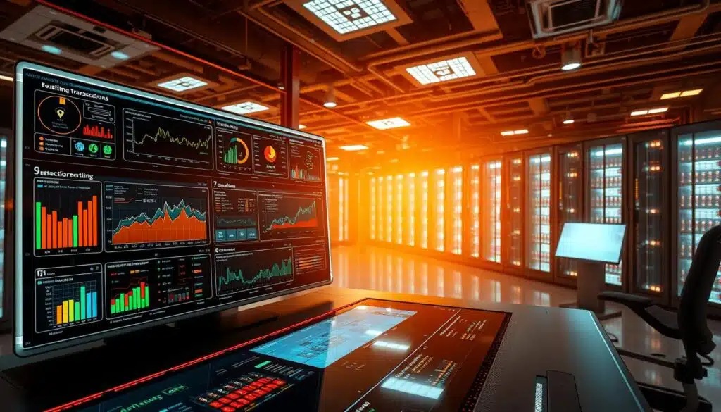A high-tech control panel with sleek, holographic displays and intuitive touch interfaces. The foreground features a central dashboard monitoring real-time transaction data, with colorful graphs, charts, and alerts providing insights into suspicious activity. The middle ground showcases advanced analytics tools, AI-powered anomaly detection, and automated reporting modules. In the background, a vast network of interconnected servers and data centers, their blinking lights and cooling fans creating an atmosphere of sophisticated cybersecurity. Warm lighting and a minimalist, futuristic aesthetic convey a sense of cutting-edge technology and comprehensive transaction monitoring capabilities.