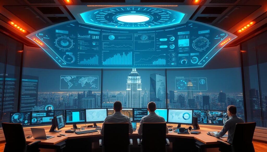 A high-tech control room with a central holographic display showcasing advanced AI-powered analytics and insights for anti-money laundering (AML) compliance. In the foreground, sleek user interfaces and dashboards provide real-time monitoring and anomaly detection. The middle ground features a team of data scientists and compliance experts collaborating seamlessly, leveraging machine learning models to uncover suspicious patterns. The background depicts a cityscape skyline, representing the global scale and complexity of modern financial transactions. Warm, ambient lighting creates a sense of focus and productivity, while the overall composition conveys the power of AI-enhanced AML compliance solutions. A high-tech control room with a central holographic display showcasing advanced AI-powered analytics and insights for anti-money laundering (AML) compliance. In the foreground, sleek user interfaces and dashboards provide real-time monitoring and anomaly detection. The middle ground features a team of data scientists and compliance experts collaborating seamlessly, leveraging machine learning models to uncover suspicious patterns. The background depicts a cityscape skyline, representing the global scale and complexity of modern financial transactions. Warm, ambient lighting creates a sense of focus and productivity, while the overall composition conveys the power of AI-enhanced AML compliance solutions.