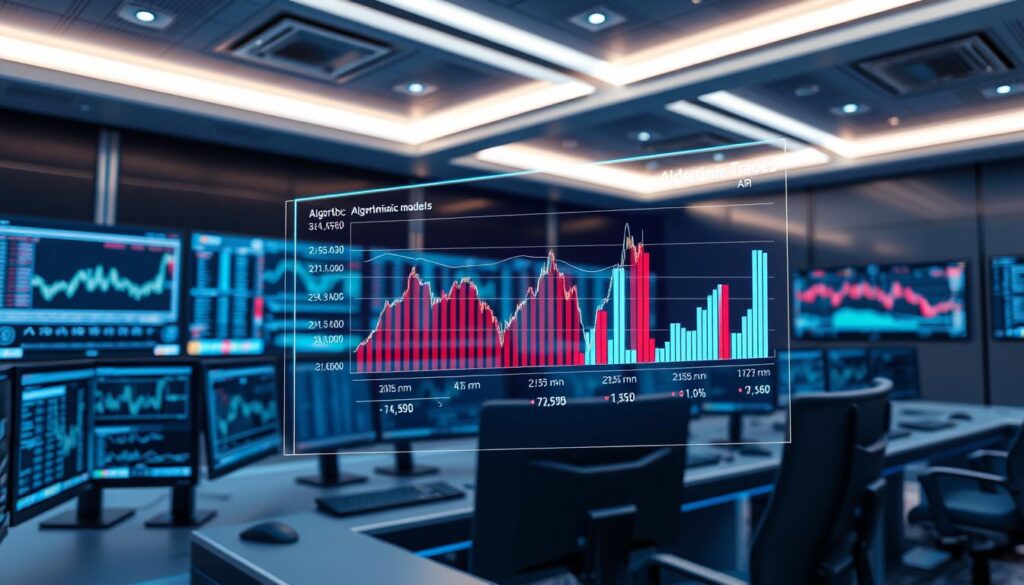 A high-tech control room with an array of computer monitors displaying various trading strategies and performance metrics. In the foreground, a holographic visualization of algorithmic trading models and their comparative performance data. The background features a sleek, minimalist design with metallic accents and soft, ambient lighting, conveying a sense of precision and technological sophistication. The overall atmosphere is one of analytical rigor, cutting-edge innovation, and the pursuit of financial insights through advanced AI and machine learning techniques.