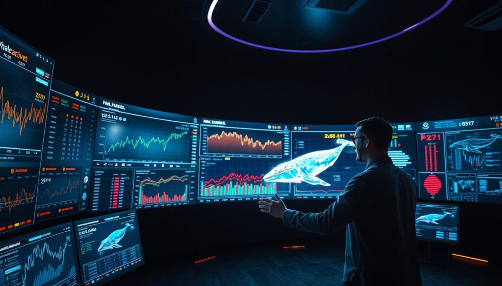 A high-tech control room with sleek, futuristic monitors displaying real-time crypto whale activity data. Vibrant visualizations of market trends, transaction flows, and whale movement patterns on a massive curved display. In the foreground, an analyst intently scrutinizes the data, fingers dancing across a touch-enabled holographic interface. Dramatic lighting casts long shadows, creating an air of intensity and focus. The background is a dark, minimalist space with subtle neon accents, giving an impression of a cutting-edge AI-powered crypto surveillance system.