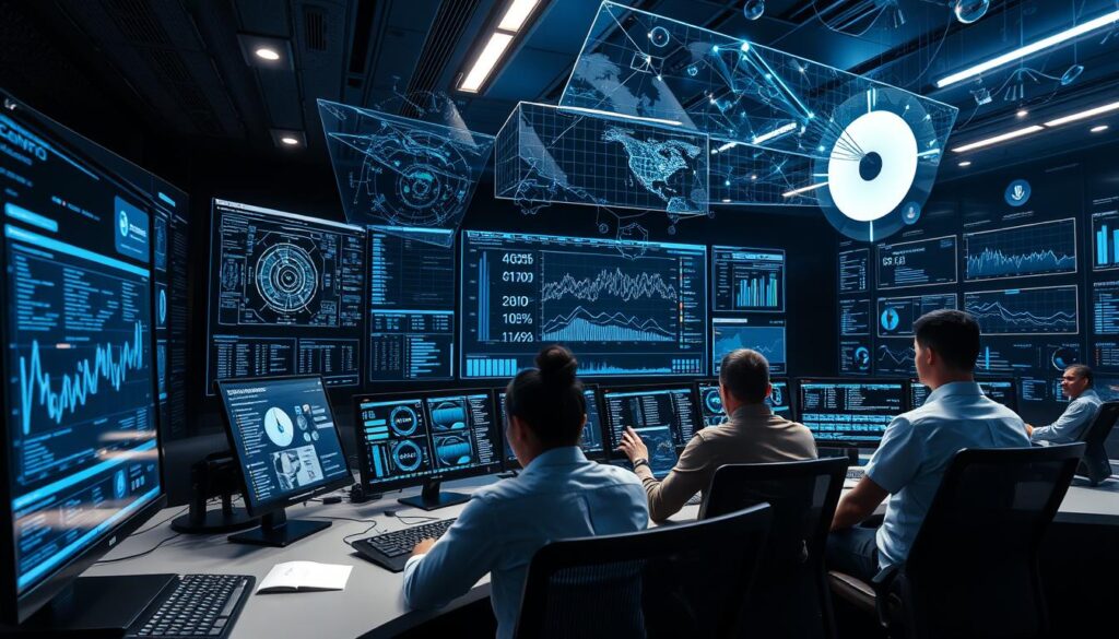 A high-tech control room with sleek interfaces and digital dashboards, displaying real-time blockchain analytics data. Holographic projections showcase intricate transaction patterns and anomalies, enabling fraud detection specialists to investigate suspicious activities. Bright, focused lighting illuminates the scene, casting sharp shadows across the workstations. The atmosphere is one of intense focus and technological prowess, as the team diligently monitors the blockchain for any signs of illicit behavior.