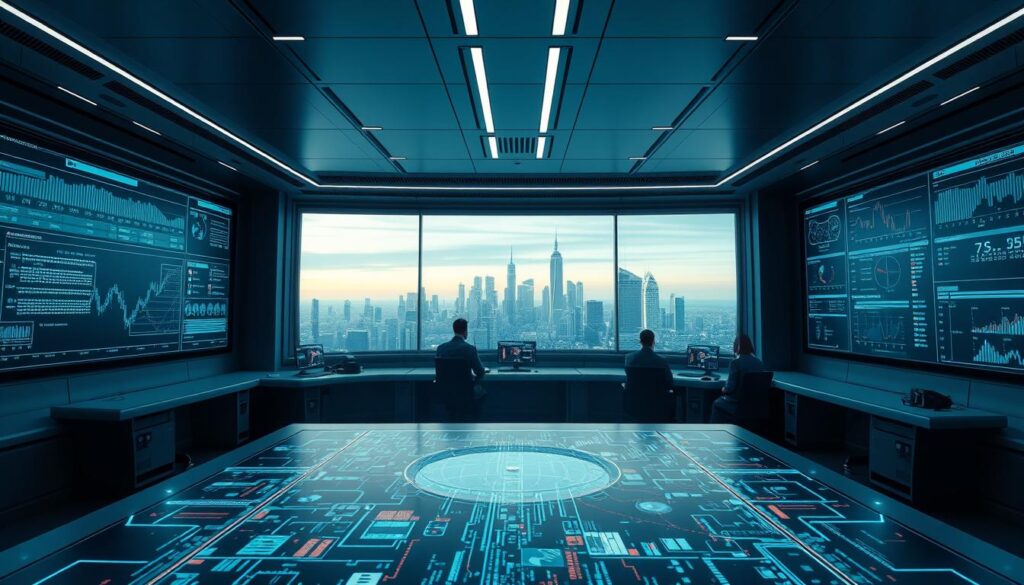 A high-tech control room with sleek, minimalist interfaces displaying real-time data integrity verification processes. In the foreground, a holographic visualization of blockchain transaction flows, cryptographically secured and validated through advanced AI algorithms. In the middle ground, a team of data scientists and engineers intently monitoring comprehensive data quality dashboards, ensuring the integrity and reliability of the oracle feed. The background features a panoramic view of a futuristic city skyline, symbolizing the global scale and interconnectedness of the AI blockchain oracle system. Soft, cool-toned lighting creates an atmosphere of precision, professionalism, and technological prowess.
