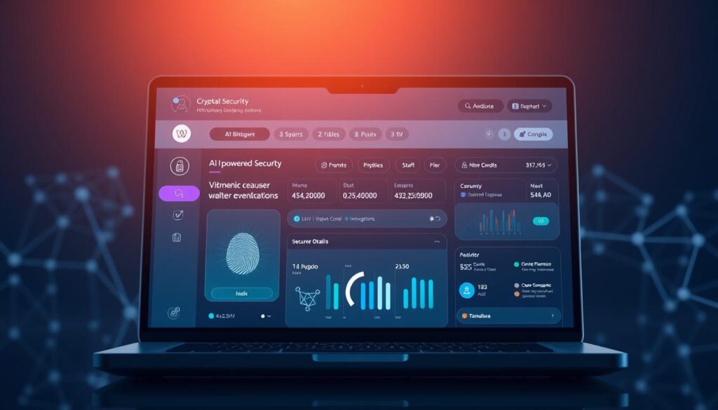 A high-tech crypto wallet interface displayed on a sleek, modern laptop screen. The wallet's dashboard showcases AI-powered security features, with intuitive data visualizations and interactive infographics. The foreground highlights a biometric authentication prompt, seamlessly integrated into the user experience. The middle ground depicts secure transaction details and asset management tools, while the background subtly suggests the underlying blockchain architecture with subtle geometric patterns. The overall mood is one of advanced technological sophistication, instilling a sense of trust and confidence in the wallet's security capabilities. A high-tech crypto wallet interface displayed on a sleek, modern laptop screen. The wallet's dashboard showcases AI-powered security features, with intuitive data visualizations and interactive infographics. The foreground highlights a biometric authentication prompt, seamlessly integrated into the user experience. The middle ground depicts secure transaction details and asset management tools, while the background subtly suggests the underlying blockchain architecture with subtle geometric patterns. The overall mood is one of advanced technological sophistication, instilling a sense of trust and confidence in the wallet's security capabilities.