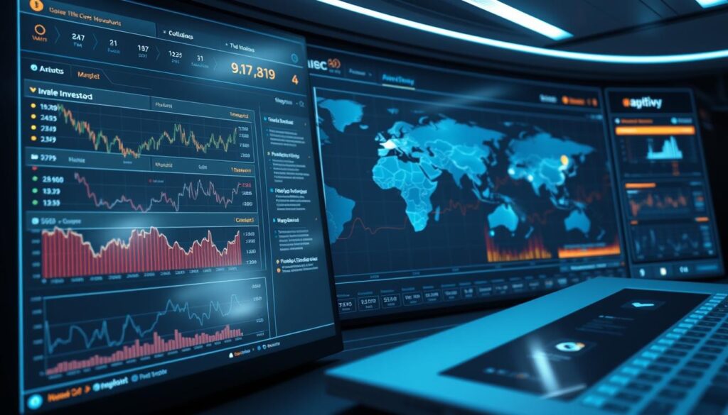 A high-tech dashboard with a sleek, minimalist design. In the foreground, a set of interactive charts and graphs tracking cryptocurrency market movements, with a focus on the activity of "whale" investors. The middle ground features a detailed world map, with data visualizations highlighting the locations and trading patterns of major cryptocurrency whales. The background is a sophisticated, futuristic interface, bathed in a cool, blue-tinted lighting, conveying a sense of precision and advanced analytics. Subtle 3D depth and cinematic camera angles add depth and drama to the scene, emphasizing the power and importance of these AI-driven crypto whale tracking tools.