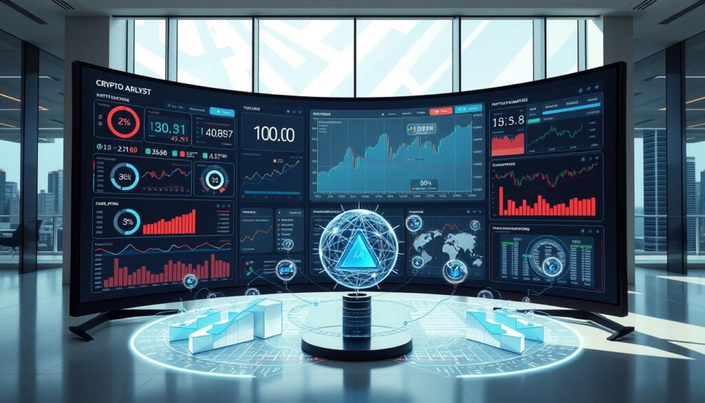 A high-tech data visualization dashboard displays a comprehensive crypto market analysis on a large curved monitor. The foreground features an array of interactive charts, graphs, and indicators tracking various cryptocurrency prices, trading volumes, and trends. The middle ground showcases holographic projections of complex algorithmic models and AI-driven insights. In the background, a sleek, minimalist office space with floor-to-ceiling windows offers a panoramic view of a futuristic skyline, complementing the advanced, data-centric nature of the platform.