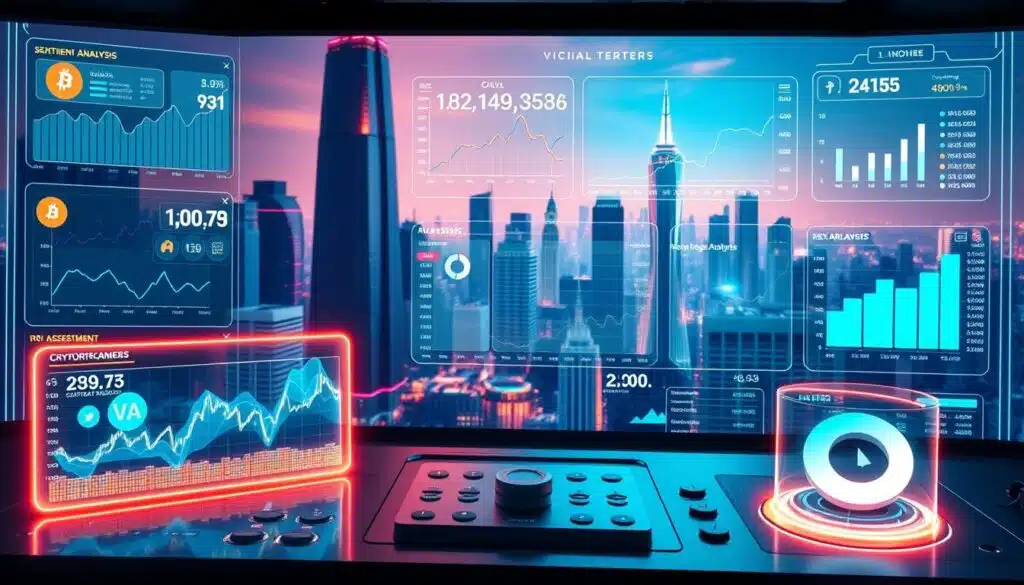 A high-tech digital dashboard displaying an array of crypto analysis tools, featuring interactive graphs, charts, and real-time data visualizations. In the foreground, glowing holographic interfaces showcase cryptocurrency trends, sentiment analysis, and risk assessment metrics. In the middle ground, a sleek, minimalist control panel with customizable widgets and toggles. The background depicts a futuristic cityscape, with towering skyscrapers and a vibrant, neon-lit skyline, creating an immersive, tech-forward atmosphere.