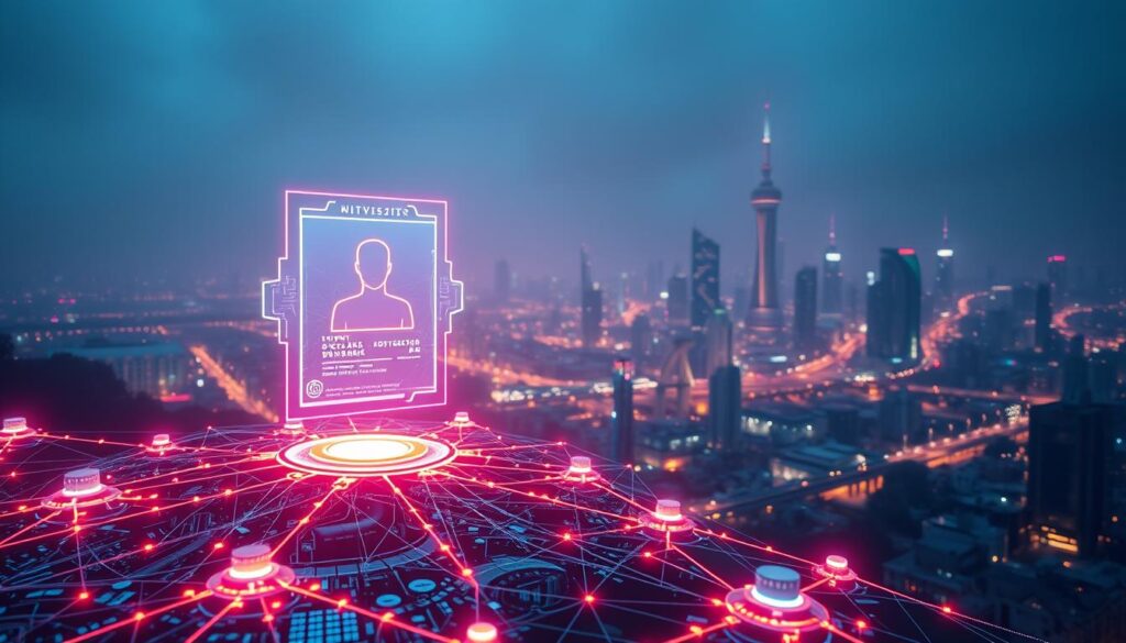 A high-tech digital landscape featuring a decentralized network of smart contracts and distributed ledgers, each symbolizing a secure identity verification system. In the foreground, a series of interconnected blockchain nodes glow with a vibrant neon-like aura, their intricate circuitry and cryptographic algorithms visible. In the middle ground, a holographic display projects a person's identity details, seamlessly integrating with the distributed ledger. The background depicts a futuristic cityscape, its skyscrapers and infrastructure immersed in a hazy, atmospheric lighting that conveys a sense of advanced technology and innovation. The overall scene exudes a sophisticated, cutting-edge aesthetic that captures the essence of AI-driven blockchain identity management. A high-tech digital landscape featuring a decentralized network of smart contracts and distributed ledgers, each symbolizing a secure identity verification system. In the foreground, a series of interconnected blockchain nodes glow with a vibrant neon-like aura, their intricate circuitry and cryptographic algorithms visible. In the middle ground, a holographic display projects a person's identity details, seamlessly integrating with the distributed ledger. The background depicts a futuristic cityscape, its skyscrapers and infrastructure immersed in a hazy, atmospheric lighting that conveys a sense of advanced technology and innovation. The overall scene exudes a sophisticated, cutting-edge aesthetic that captures the essence of AI-driven blockchain identity management.