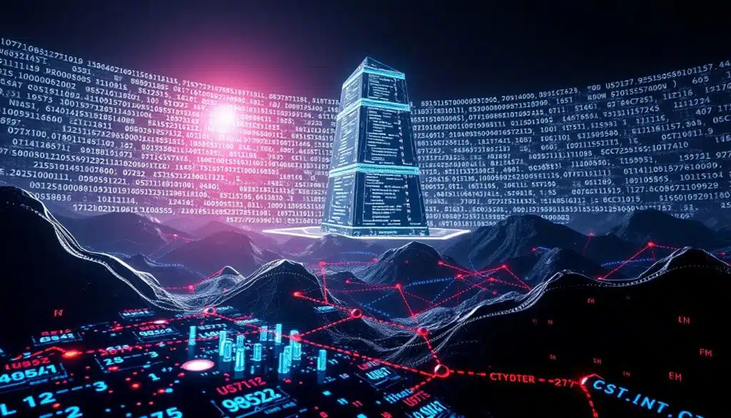 A high-tech digital landscape showcasing the intersection of blockchain technology and digital asset security. In the foreground, sleek, futuristic nodes and data visualizations pulsate with encrypted information. In the middle ground, a towering blockchain ledger structure rises, its facets reflecting the intricate web of transactions. In the background, a luminescent grid of cryptographic hashes and cryptographic algorithms creates a mesmerizing, impenetrable backdrop. Dramatic cinematic lighting casts dramatic shadows, conveying the robust, impenetrable nature of blockchain-powered digital asset protection. The overall aesthetic should feel modern, authoritative, and secure.