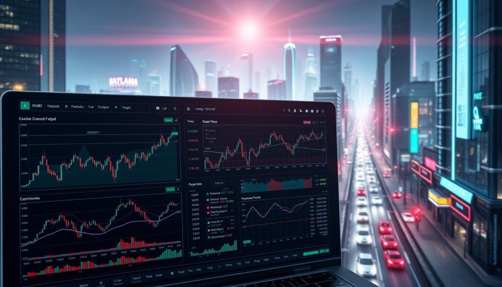 A high-tech financial dashboard showcasing advanced charting features for crypto market analysis. In the foreground, a series of interactive graphs and visualizations display real-time market data, with smooth transitions and intuitive controls. The middle ground features a sleek, minimalist user interface with customizable indicators and overlays. In the background, a cityscape of futuristic skyscrapers and neon-lit streets sets a cyberpunk atmosphere, complemented by dramatic lighting and lens flares. The overall scene conveys a sense of sophistication, power, and the cutting edge of financial technology.