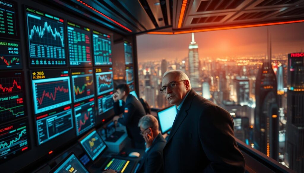 A high-tech financial trading floor, dimly lit by neon hues and holographic displays. In the foreground, an analyst in a sharp suit intently studies AI-generated market data, their expression a mix of concentration and anticipation. In the middle ground, a team of traders monitor dynamic stock tickers and algorithmic trading dashboards, their faces cast in the glow of advanced analytics. The background is a panoramic view of a bustling cityscape, skyscrapers piercing the night sky, reflecting the rapid pace of the AI-driven crypto markets. A high-tech financial trading floor, dimly lit by neon hues and holographic displays. In the foreground, an analyst in a sharp suit intently studies AI-generated market data, their expression a mix of concentration and anticipation. In the middle ground, a team of traders monitor dynamic stock tickers and algorithmic trading dashboards, their faces cast in the glow of advanced analytics. The background is a panoramic view of a bustling cityscape, skyscrapers piercing the night sky, reflecting the rapid pace of the AI-driven crypto markets.