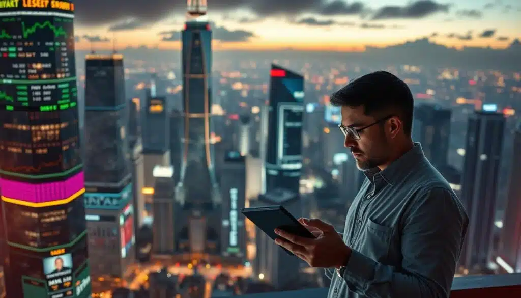 A high-tech futuristic cityscape at night, with glowing skyscrapers and holographic displays showcasing stock tickers, cryptocurrency charts, and investment analytics. In the foreground, a savvy investor examines a tablet, scrutinizing trends and strategizing their next move. Diffused neon lights cast an atmospheric glow, while a panoramic view of the bustling metropolis fills the background. The scene conveys a sense of financial innovation, data-driven decision-making, and the dynamic nature of the crypto investment landscape.