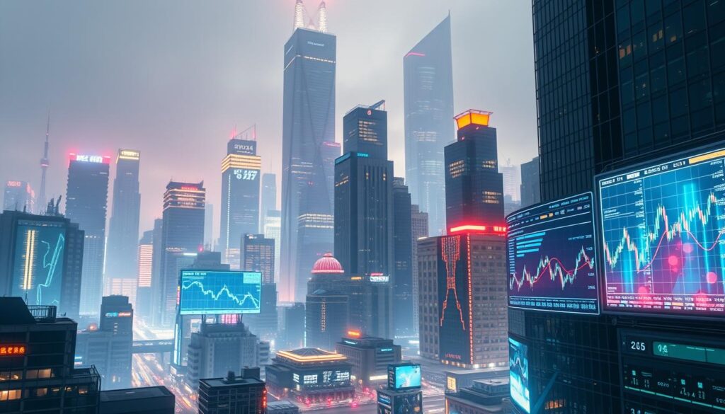 A high-tech, futuristic cityscape illuminated by neon lights and holographic displays. In the foreground, a timeline of historical trading methods, from paper ledgers to analog computers, leading up to a sleek, holographic trading interface. In the middle ground, algorithmic trading algorithms and data visualizations cascade across multiple screens. The background features towering skyscrapers, glowing with the energy of a bustling financial district. Diffused lighting creates a sense of depth and atmosphere, while a dynamic, almost cinematic composition draws the viewer's eye through the various layers of the scene. A high-tech, futuristic cityscape illuminated by neon lights and holographic displays. In the foreground, a timeline of historical trading methods, from paper ledgers to analog computers, leading up to a sleek, holographic trading interface. In the middle ground, algorithmic trading algorithms and data visualizations cascade across multiple screens. The background features towering skyscrapers, glowing with the energy of a bustling financial district. Diffused lighting creates a sense of depth and atmosphere, while a dynamic, almost cinematic composition draws the viewer's eye through the various layers of the scene.