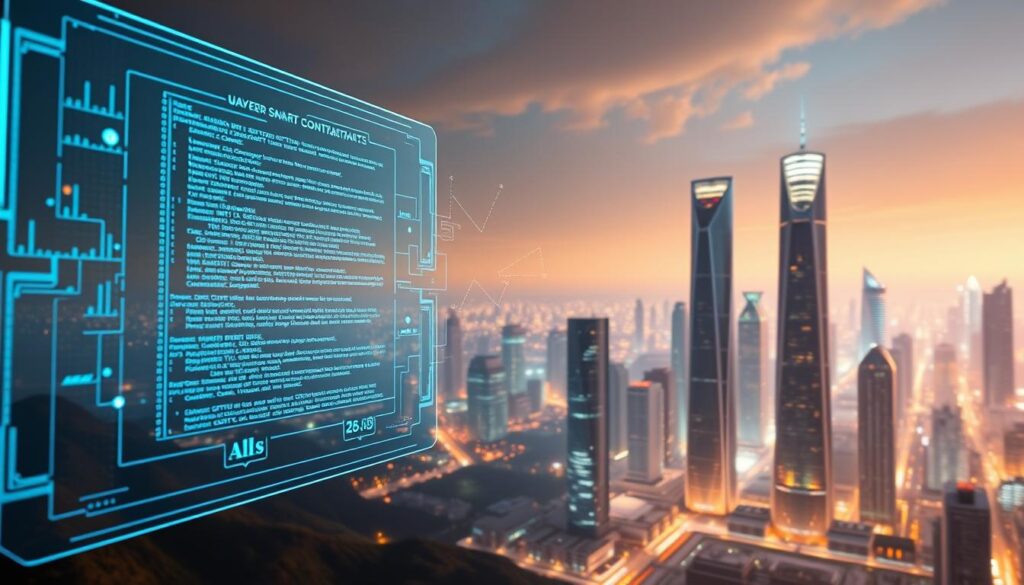 A high-tech, futuristic landscape depicting the intersection of smart contracts and decentralized applications. In the foreground, a holographic display showcases the inner workings of a smart contract, with lines of code and data visualizations floating in the air. In the middle ground, towering skyscrapers with sleek, modern architecture represent the decentralized applications built on blockchain technology. The background features a cityscape bathed in a warm, glowing light, conveying a sense of innovation and progress. The scene is captured with a cinematic, wide-angle lens, creating a sense of grandeur and scale. The overall mood is one of technological sophistication and the empowerment of decentralized systems. A high-tech, futuristic landscape depicting the intersection of smart contracts and decentralized applications. In the foreground, a holographic display showcases the inner workings of a smart contract, with lines of code and data visualizations floating in the air. In the middle ground, towering skyscrapers with sleek, modern architecture represent the decentralized applications built on blockchain technology. The background features a cityscape bathed in a warm, glowing light, conveying a sense of innovation and progress. The scene is captured with a cinematic, wide-angle lens, creating a sense of grandeur and scale. The overall mood is one of technological sophistication and the empowerment of decentralized systems.