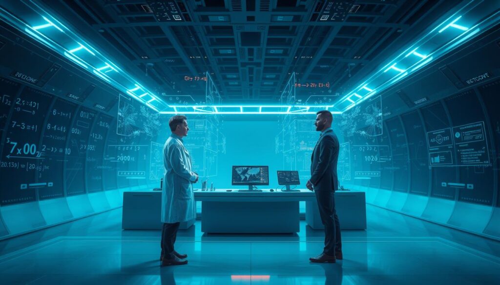 A high-tech, futuristic scene depicting the interaction between a prover and a verifier in a zero-knowledge proof blockchain privacy system. In the foreground, two figures, one in a white lab coat and the other in a dark suit, stand facing each other, engaged in an intense discussion. Intricate, holographic displays and interfaces surround them, projecting complex mathematical equations and cryptographic algorithms. The middle ground features a sleek, minimalist control console, with various screens and input devices. The background showcases a vast, cavernous space, bathed in a soft, blue-hued light, suggesting a secure, high-security blockchain facility. The overall atmosphere conveys a sense of technological sophistication, intellectual rigor, and the importance of preserving privacy in the digital age.