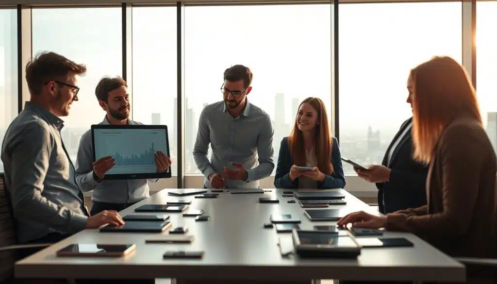 A high-tech office environment showcasing the concept of crypto cashback methodology. In the foreground, a diverse group of four professionals—two men and two women—dressed in smart casual attire, closely examining digital screens displaying graphs and data related to cashback rewards. In the middle ground, a sleek, modern conference table littered with digital devices like smartphones and tablets. A large window in the background reveals a futuristic city skyline under bright daylight, symbolizing growth and innovation. Soft, natural lighting streams through the window, creating a warm atmosphere. The angle is slightly elevated, providing a comprehensive view of the workspace and emphasizing collaboration and analysis. The overall mood is focused, energetic, and forward-looking, ideal for illustrating the methodology of comparing cashback platforms.